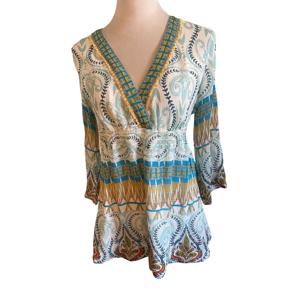 Sundance Silk Boho Paisley Tunic Top | Small | Blue Gold Peasant Cottage Blouse
